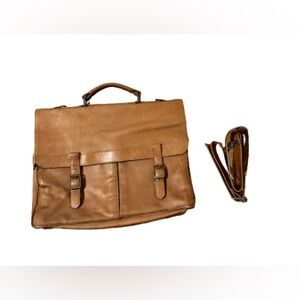 Vintage leather office bag, handle and leather shoulder strap, laptop